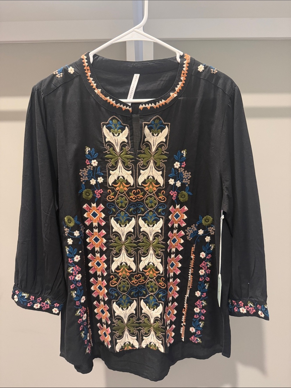 Embroidered Black Boho Long-Sleeve Tunic shirt- Floral Multi